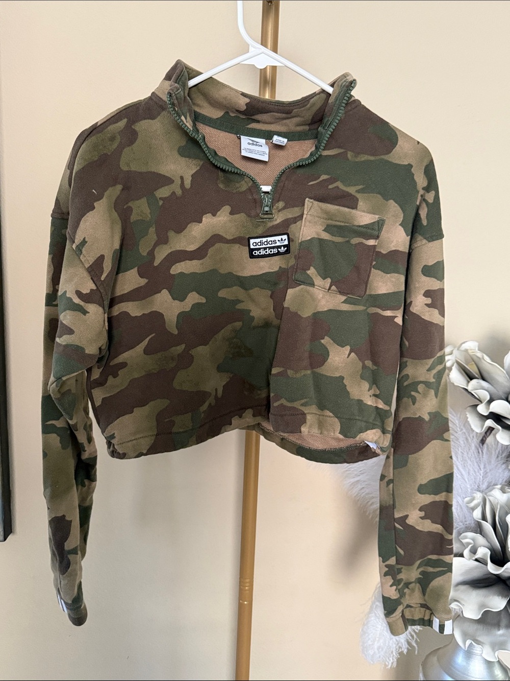 adidas Women’s Cropped Camo Quarter-Zip Sweatshirt - Green/Brown